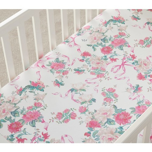 LoveShackFancy Cabbage Rose Bow Organic Crib Fitted Sheet | Pottery Barn Kids