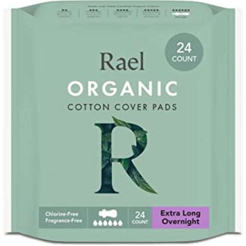 Rael Pads for Women, Organic Cotton Cover - Period Pads with Wings, Feminine Care, Sanitary Napkins, Heavy Absorbency, Unscented, Ultra Thin (Extra Long Overnight, 24 Count)