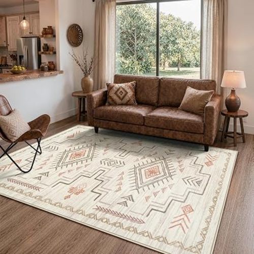 STARUIA 5x7 Washable Aztec Area Rug for Living Room Bedroom, Beige