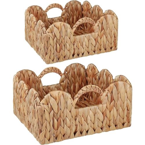 Scalloped Basket, 2 Packs Hyacinth Storage Baskets for Storage, Woven Water Hyacinth Scallop Baskets with Handles, Decorative Basket for Bedroom, Living Room(11.41"x5.75";9.45"x5")