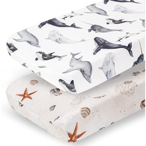 Pobibaby - 2 Pack Premium Changing Pad Cover - Ultra-Soft Jersey Knit, Stylish Ocean Pattern, Safe and Snug for Baby (Seaside)