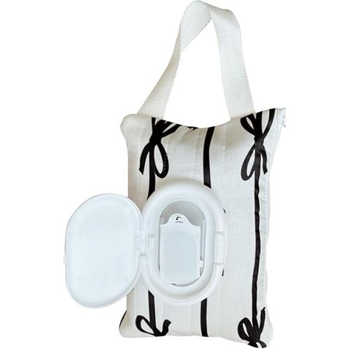 AGLOO Bow Baby Wipes Dispenser - Portable Wet Tissue Storage Bag for Travel, Refillable Diaper Wipe Holder for Car and Stroller – Reusable Hanging Wet Wipe Pouch (Black-White)