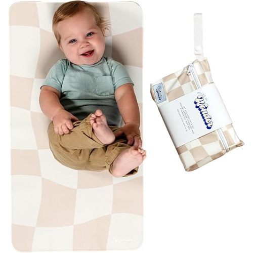 Leather Changing Mat with Reusable Waterproof Wet Bag, (16 x 30 Inches) Baby Changing Mat, Non-Toxic Changing Pad Portable Folds and Wipes Clean, Baby Changing Pad Travel (Checkered)