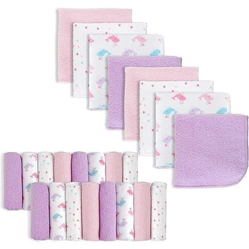 Baby Washcloths, 24Pack Baby Wash Cloths Extra Soft & Ultra Absorbent, Baby Towels and Washcloths Face Towel Unisex for Boys Girls Body, Washclothes Gentle on Sensitive Skin, 9x9 Pink Whale
