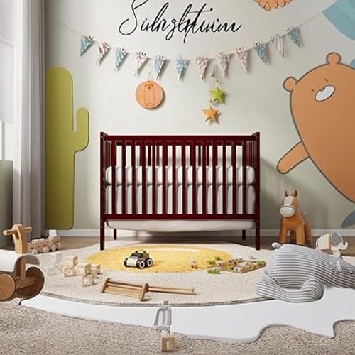 5-in-1 Convertible Crib, Converts from Baby Crib to Toddler Bed,A Daybed and Full-Size Bed Fits Standard Full-Size Crib Mattress, Easy to Assemble, Cherry