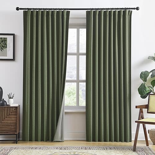 RAIN CITY Dark Olive Green Blackout Curtains Linen 80 Inches Long 2 Panels Set, Back Tab Pleated Look Thermal Insulated Curtains & Drapes for Living Room - Loden/Olive Forest W50 x L80