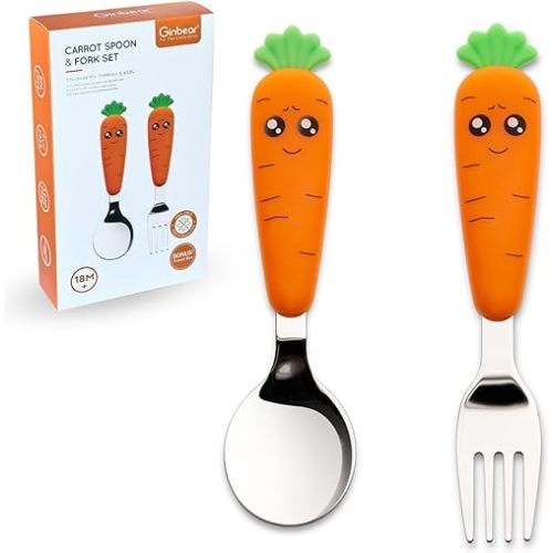 Ginbear Toddler Utensils with Case, Kids Spoons and Forks Self-feeding, Stainless Steel Baby Silverware, Child Flatware Sets, Travel Cutlery Set for Ages 18 Months+