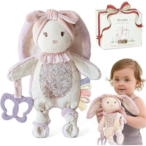 Moonkie Baby Lovey with Silicone Teether, Bunny Security Blanket with Textured Ribbons, Crinkle Toys, Soft Minky Velour & Natural Cotton, Newborn Girl Gift for Baby Shower or Birthday