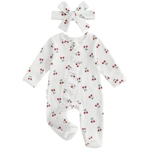 Infant Baby Girl Fall Outfit Sweatshirt Romper Footies Cherry Print Ruffle Trim Jumpsuit Zip Up Onesie Newborn Winter Clothes