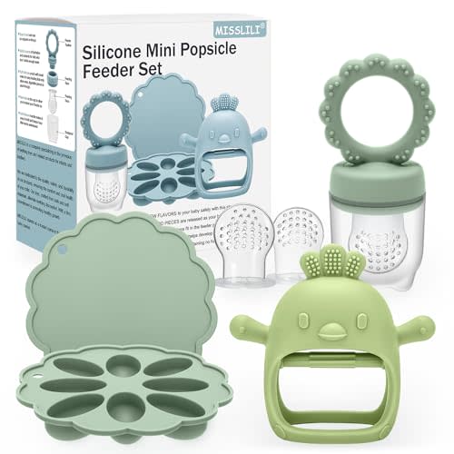 MISSLILI Baby Silicone Fruit Food Feeder Pacifier & Breastmilk Popsicle Freezer Molds,BPA Free Baby Food Storage Containers Frozen Ice Tray for Baby Feeding Safely, Infant Fruit Teething Toy (Green)