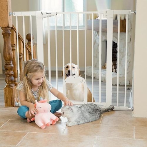 Babelio 36" Tall Upgraded Baby Gate with Cat Door, 29-43" Auto Close Durable Dog Gate for Stairs, Doorways and House, Easy Walk Thru Safety Gate with Pet Door includes 4 Wall Cups, White