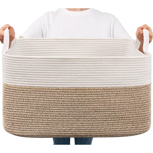 Goodpick Large Woven Blanket Basket, 21.6" x 14.9" x 11.8" Storage Baskets for Organizing, Rectangle Cotton Rope Toy Basket for Living Room, Bedroom, White & Brown