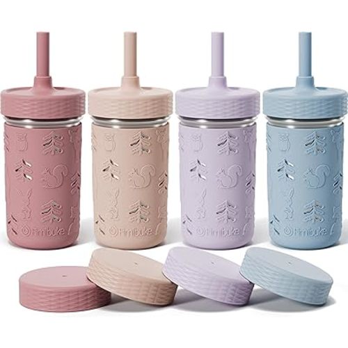 Fimibuke Toddler Cups Spill Proof, 12 OZ Sippy Cups for Kid Girl Boy, Leak Proof Stainless Steel Tumbler with Lid, Silicone Straw & Sleeve, BPA Free Dishwasher Safe Water Bottle Snack Container 4 Pack