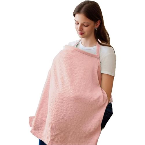 Breastfeeding Cover with Removable Hoop Arch Neckline,Breathable Nursing Cover Up for Breastfeeding, 100% Cotton Breast Feeding Covers for Women (Pink)