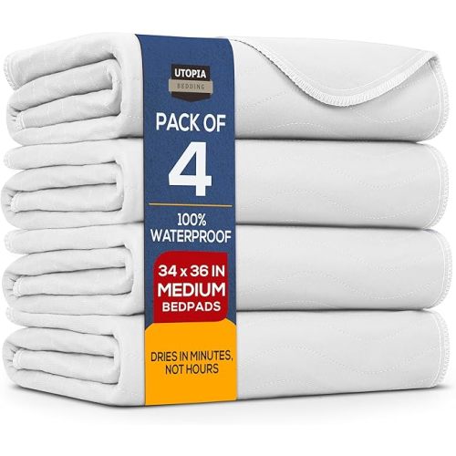 Utopia Bedding Washable Underpads 34" x 36" (Pack of 4), Waterproof Reusable Heavy Absorbency Incontinence Bed Pads for Adults, Kids, Elderly and Pets, Bedwetting Pads for Sofa and Couch (White)