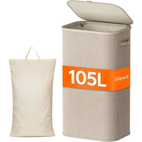 Lifewit 105L Laundry Basket with Lid, Large Laundry Hamper with Handles and Removable Bag, Collapsible Tall Dirty Clothes Hamper for Laundry Room, Bedroom, Bathroom, Dorm, Beige