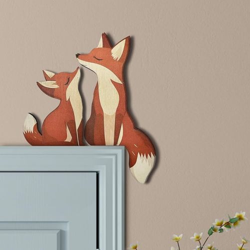 Baby Fox Door Topper Adorable Fox Shape Statue Door Corner Sculpture for Handcrafted Wood Decor Sign, Creative Wooden Art Figurine Ornament for Garden Living Room Bedroom Office (Fire Fox Set 2)