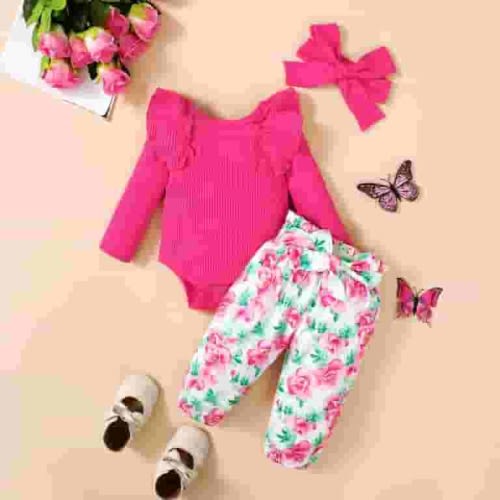 Kayannuo Baby Girl Clothes Long Sleeve Fall Winter Newborn Baby Girl Clothes Infant Outfits Ruffle Sleeve Romper Bodysuit Floral Pants Toddler Girl Outfits,Red