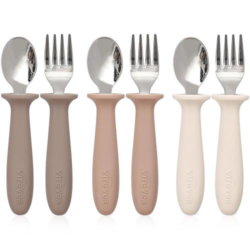 6 Pieces Toddler Utensils, Children Silverware Set with Silicone Handle, Kids Safe Spoons and Forks, Dishwasher Safe, 18/8 Stainless Steel, Food-grade Silicone,BPA Free - Tan