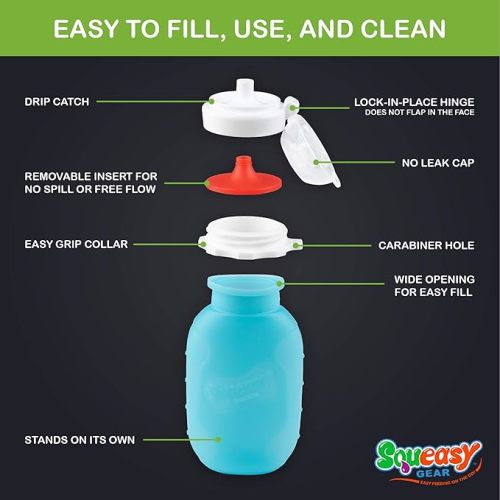 Blue 6 oz Squeasy Snacker Spill Proof Silicone Reusable Pouch - For Soft Foods & Liquids - Water, Apple Sauce, Yogurt, Smoothies, Baby Food - Dishwasher Safe