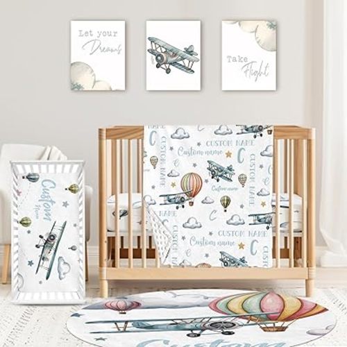 Personalized Baby Crib Bedding Set: Nursery 4 Piece Crib Set with Custom Baby Name - Airplane Balloon Pattern Bedding Set for Baby Boys Girls - Soft Chic Blanket and Fitted Crib Sheet for Newborns