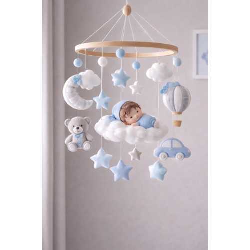 Handmade Felt Baby Mobile – Blue Nursery Decor – Cloud Moon Star Theme – Personalized Baby Room Decoration – Gift with Crochet Accessories