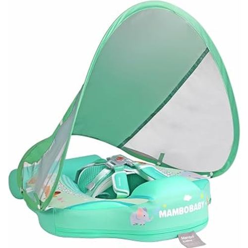 Mambobaby Newest Non Inflatable Baby Float Size Improved Add Tail Avoid Flip Over Swim Trainer Solid Infant Pool Float with Canopy UPF 50+ Swim Ring
