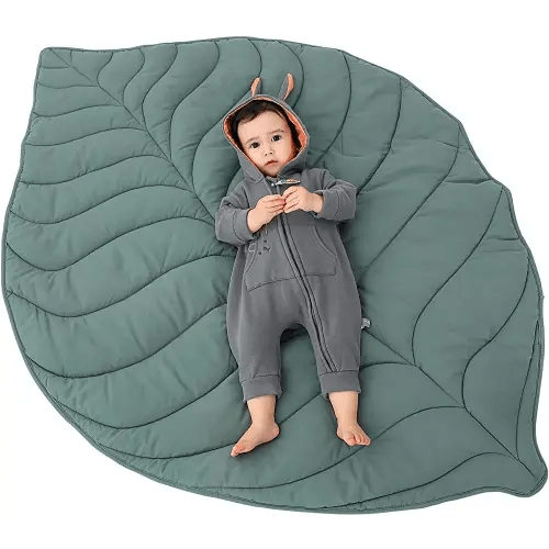 Green Leaf Cotton Area Rug, 56.3x42.1 inches, Machine Washable Playmat for Nursery Decor and Baby