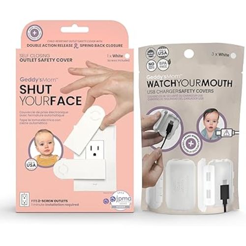 Baby Proofing for Electrical Safety for 2-Screw Outlets and USB Chargers - Bundle Includes Shut Your FACE Self Closing Outlet Cover and Watch Your Mouth USB Charger Covers (Set of 3) in White | Baby
