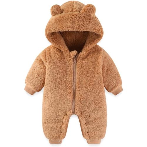 UVIPC Baby Newborn Bear Fleece Snowsuit Winter Coat Warm Hooded Jumpsuit for Baby boy girl - Brown - 0-3 Months
