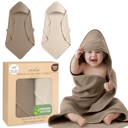 Organic Cotton Muslin Baby Hooded Towels - 32x32 Inch, 2 Pack Newborn Bath Towels for Boys & Girls, Soft & Absorbent Bath Set (Olive/Ivory)