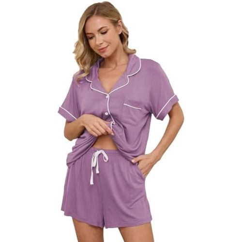Womens Pajama Sets Short Sleeve Sleepwear Soft Button Down Nightwear Lounge Pj Set XS-XXL