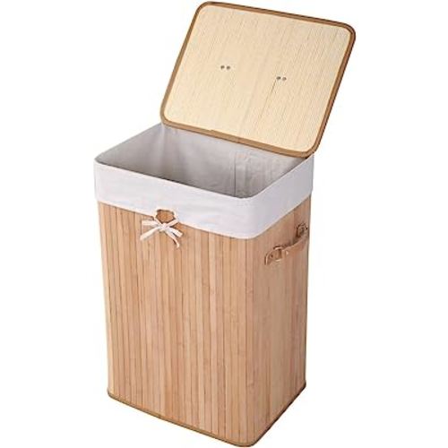 GOFLAME Bamboo Laundry Hamper Portable, Dirty Clothes Storage Basket with Lid and Removable Liner, Large Storage Clothes Bin with Handles, Suitable for Bedroom, Bathroom, Kid's Room (Natural)