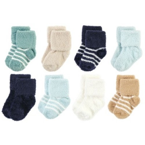 Hudson Baby Infant Boy Cozy Chenille Newborn and Terry Socks, Navy Mint Stripe, 0-6 Months