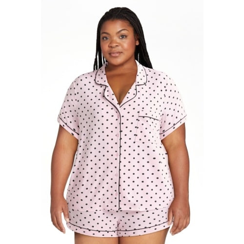 Joyspun Women’s Dreamy Soft Collection Short Sleeve Knit Notch Collar Top and Shorts Pajama Set, 2-Piece, Sizes XS-3X
