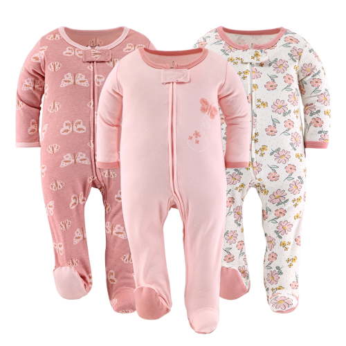 The Peanutshell Baby Sleep n Play Footed Pajamas for Baby Girl, Boho Butterfly, 3 Pack, 6-9 Months
