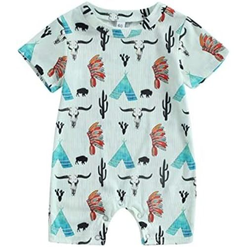 Gueuusu Country Baby Clothes Boy Girl Western Cow Print Short Sleeve Romper Bodysuit Ribbed One Piece Jumpsuit Summer Outfit