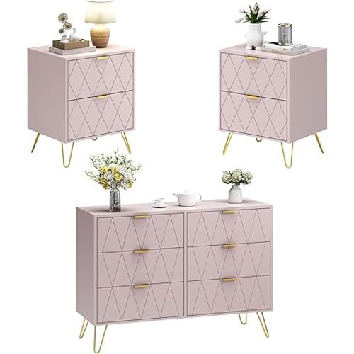 Anbuy Pink 3 Pcs Bedroom Sets, 6 Drawer Dresser and Night Stand Sets for Bedroom, Two Drawers Nightstand Set of 2 & 6 Drawer Dresser Combo 3 Pieces (Pink)