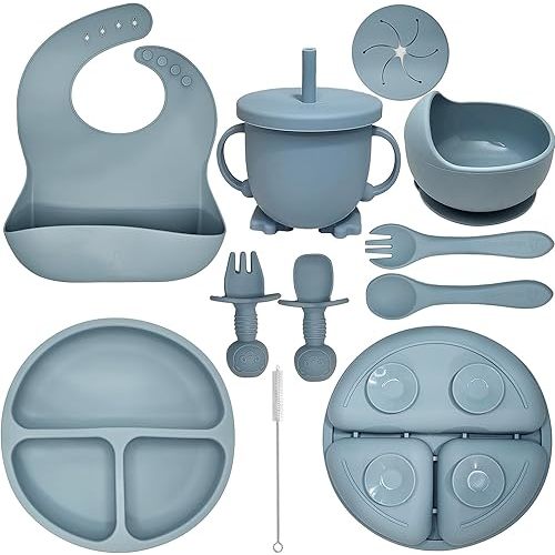 Baby Led Weaning Supplies | 10 Piece Silicone Feeding Set | Baby Toddler Bib Cup Divided Plate and Bowl Self Feeding Spoons Dish Set | Baby Utensils | Toddler Feeding Supplies (Sky)