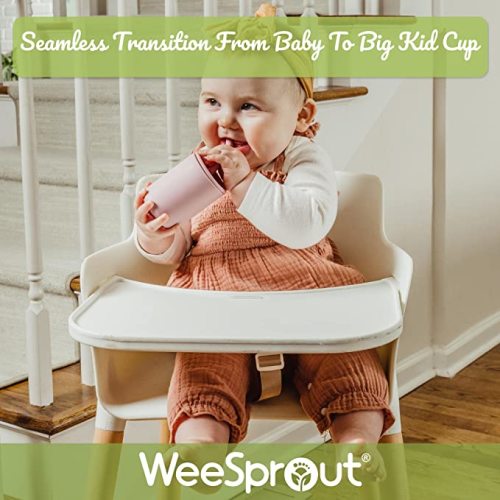 WeeSprout Silicone Baby Cups With Straws and Lids, 4 & 8 oz Options, Set of 2, Food Grade Toddler Training Container, Built In Straw Stoppers, Measurement Markings, Dishwasher Safe + Straw Cleaner - Matte Pink, Matte OW