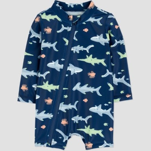 Carter's Just One You® Baby Boys' Shark Long Sleeve Rash Guard Unisuit Swimsuit  - Navy Blue 6M