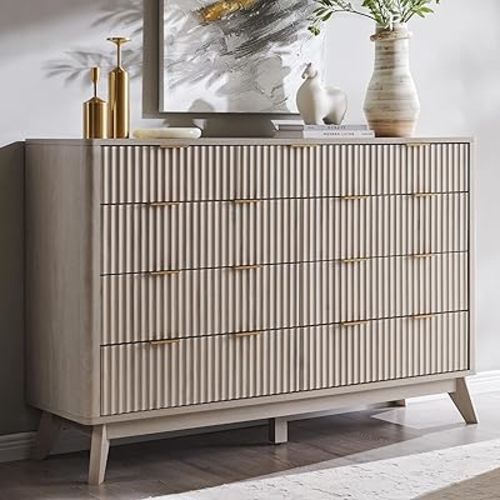 T4TREAM Fluted 9 Drawers Dresser, 54" Wide Modern Chest of Drawers, Curved Profile Design, Dresser TV Stand, Wood Drawer Organizer for Bedroom, Living Room, Hallway, White Alder