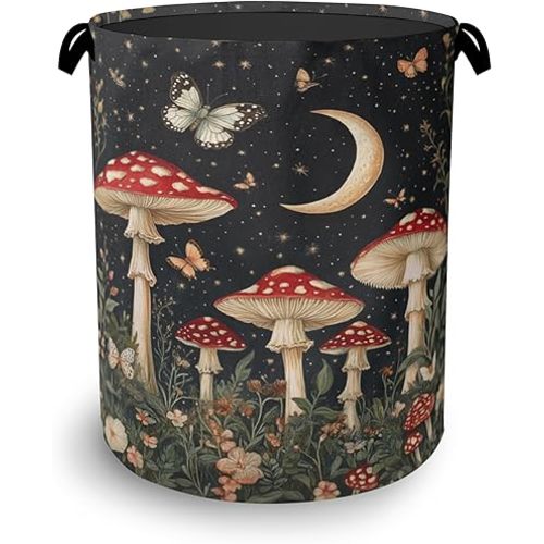 Mushroom Forest Plant Laundry Hamper,Butterfly Moon Dirty Clothes Laundry Basket with Handles Waterproof Oxford Cloth Storage Basket for College Dorms Bathroom Bedroom 16" x 20.8"