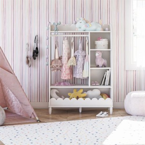 Cloud Kids Dress Up Storage and Clothing Rack with Toy Organizer and Shelves, White