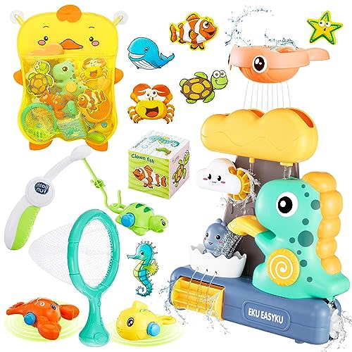 EKU Dinosaur Bath Toys for Kids Toddlers Age 18months+ Interactive Floating Sea Animal Dice Mold Free Fishing Game Water Play Bath Time Bathtub Storage Bag Girl Boy Baby Infant
