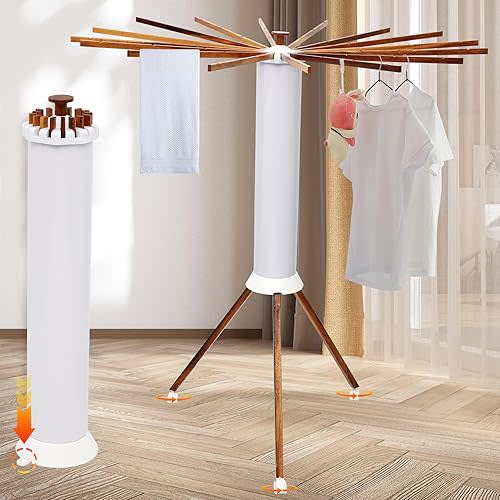Portable Teak Tripod Clothes Drying Rack Belt Wheel, Foldable Space & Saving Design, Versatile Laundry Drying Rack, with 16 Waterproof Teak Wood Drying Rods, for Indoor and Outdoor Use for Christmas