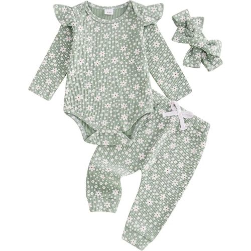 Newborn Baby Girl Outfits Flower Ribbed Ruffle Long Sleeve Romper Pant Headband 3Pcs Infant Fall Winter Clothes Set