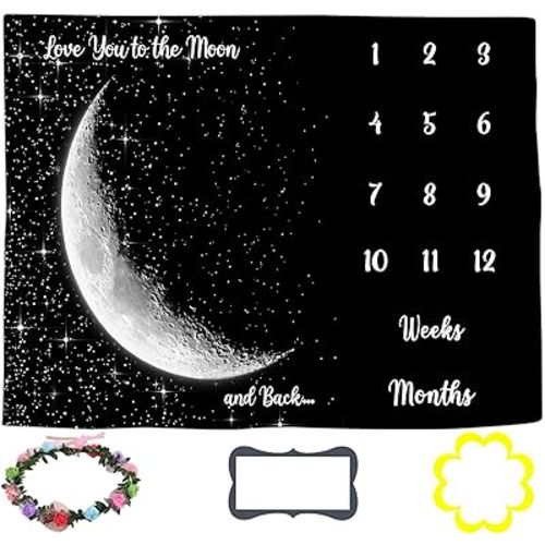 Baby Monthly Milestone Blanket, Space Black Star Moon Newborn Baby Age Blanket, 60x40 Inch Baby Swaddle Reception Blanket Growth Chart Blanket BTLSLY148