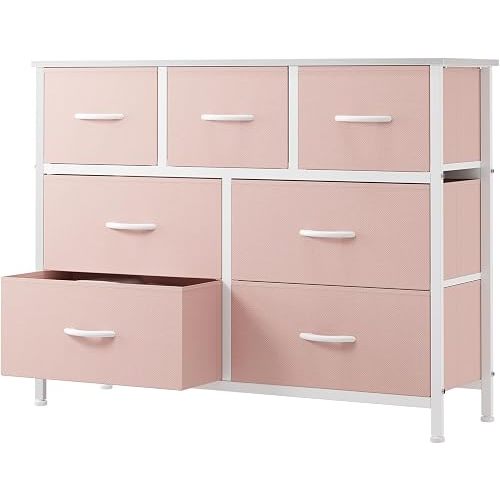 OLIXIS 7 Drawers Dresser for Bedroom, Fabric Storage Tower for Living Room, Entryway - Sturdy Steel Frame, Wooden Top and Easy Pull Fabric Bins, Closet Chests Organizer for Clothes,Pink