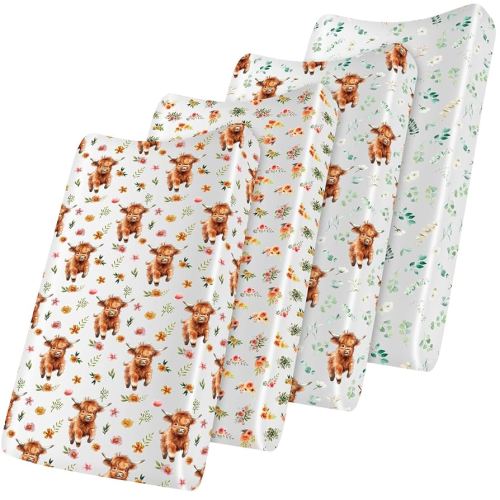 4 Pcs Highland Cow Fitted Standard Crib Sheet 52" x 28" Eucalyptus Leaf Changing Pad Cover for Baby Floral Boho Crib Sheets Western Cow Nursery Decor Neutral Flower Diaper Change Table Cover